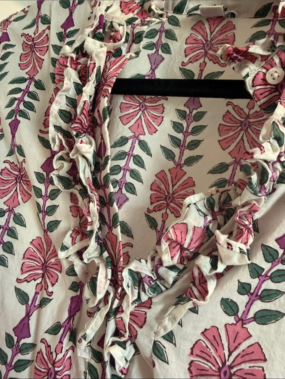 J. Crew White Blouse with Pink and Green Floral Print and Ruffle V-Neck
